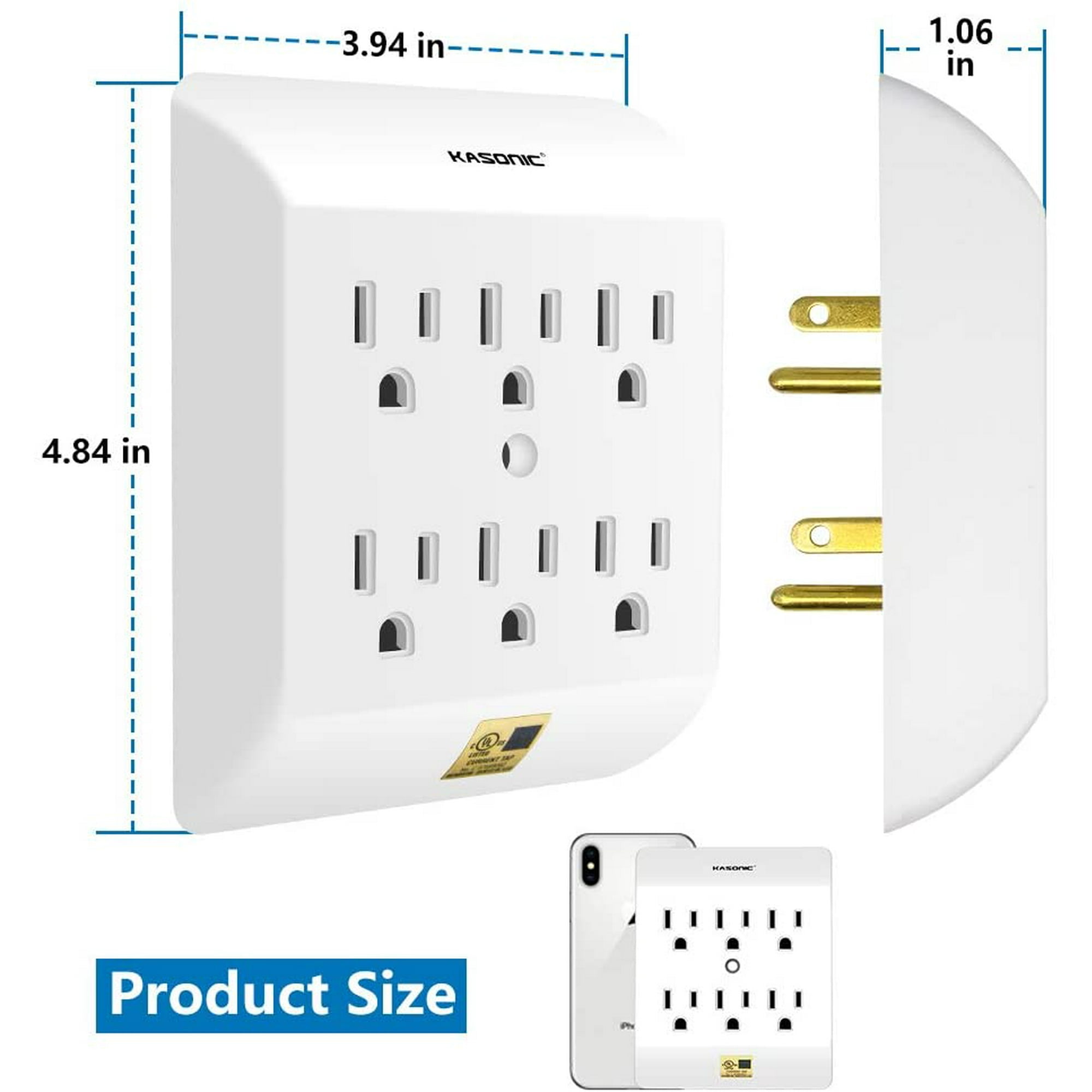 White Easy-to-Install UL Listed for Home//School//Office Kasonic Multi Plug Outlet 4 PACK Wall Mount power strip with 6 Outlet Tap; Grounded Wall Plug Extender